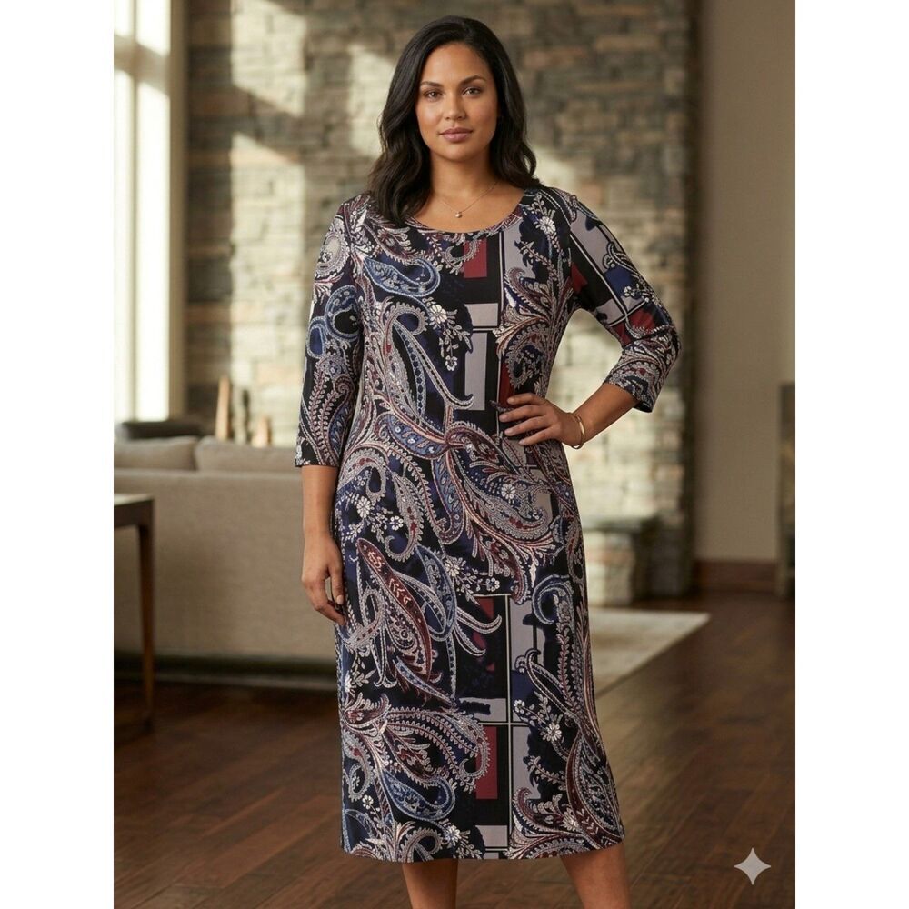 Cato Plus Size 18/20W Paisley Geometric Print Knit Midi Dress 3/4 Sleeve 18/20W
